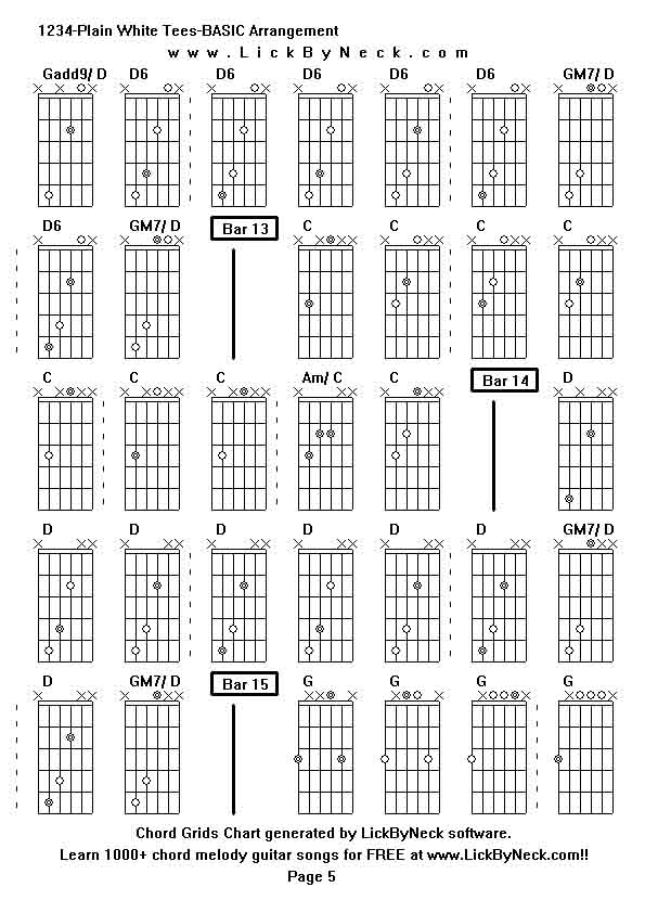 Chord Grids Chart of chord melody fingerstyle guitar song-1234-Plain White Tees-BASIC Arrangement,generated by LickByNeck software.